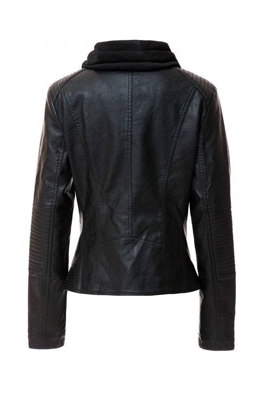 Chaqueta de cuero PU con capucha para mujer