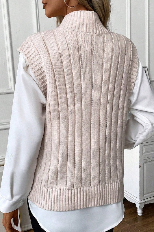 RIBBED TRIM HIGH NECK KNIT SWEATER VEST